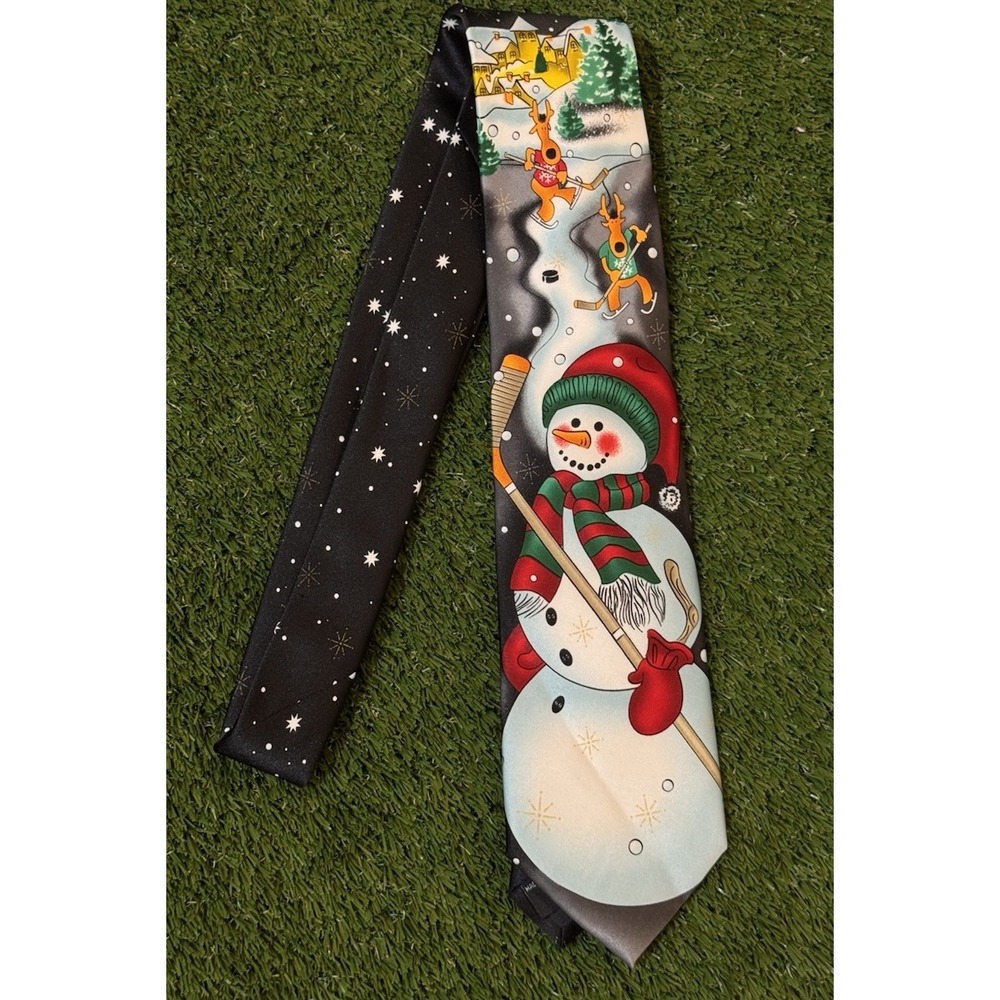 Noel Holiday Collection Christmas Neck Tie Snowman Reindeer Playing Hockey Men's